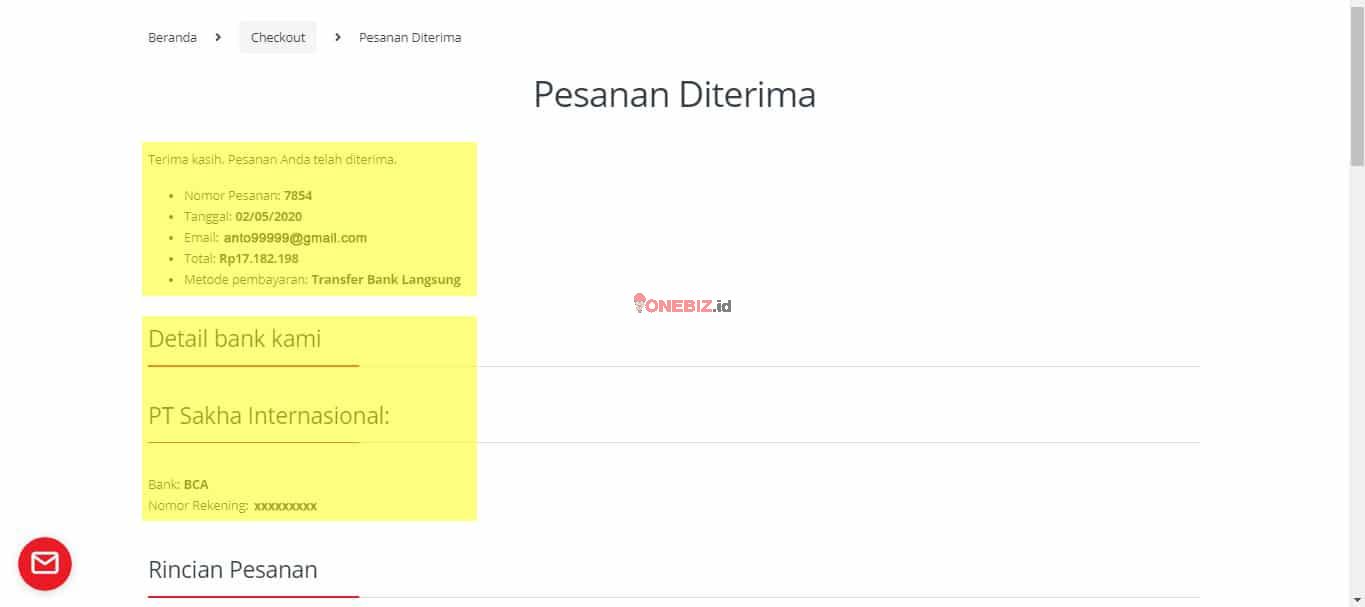 Pesan 1 ONEBIZ.id diterima