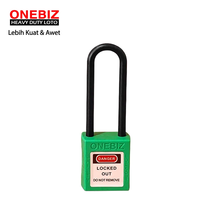 Heavy Duty Loto OB 14-BDG34UDKD Long Nylon Shackle Safety Padlock Green ONEBIZ untuk Mengunci device loto, mencegah mesin dioprasikan